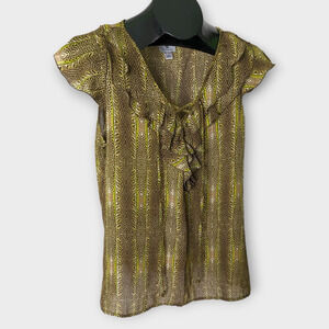 WORTHINGTON Green Animal Print Sheer Tie Career Ruffle Blouse Top Size Large